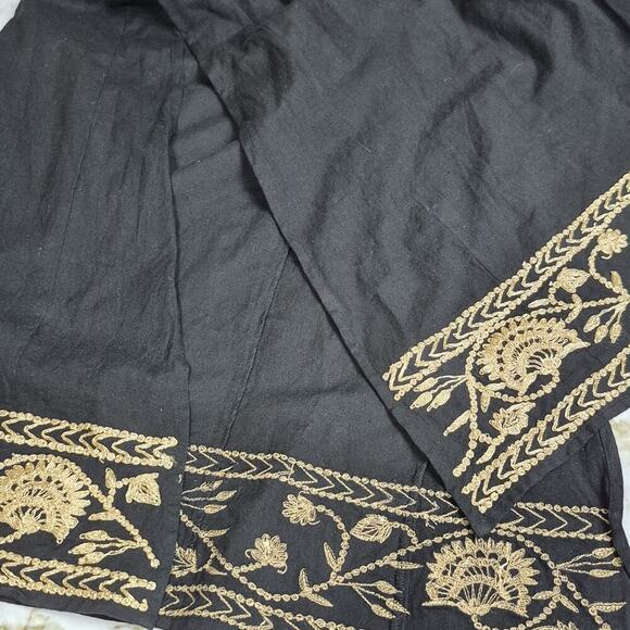 Roller Rabbit Embroidery Maxi Dress XS Black Gold 3/4 Sleeve Pocket Slits Kaftan - Picture 9 of 12
